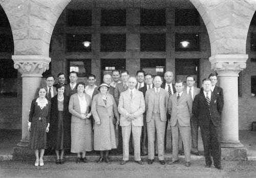 Ellwood Patterson Cubberley (center front), first dean of the School of Education, poses with faculty in the Main Quad, where the School of Education was originally housed before the new building was dedicated in 1938