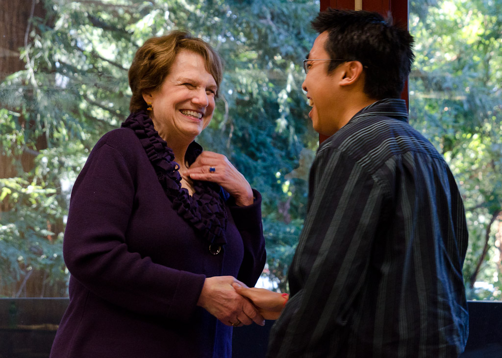 Judy Avery chats in 2011 with STEP student Marc Hua, MA '11, who now teaches at Oakland's Life Academy High School.Christopher Wesselman