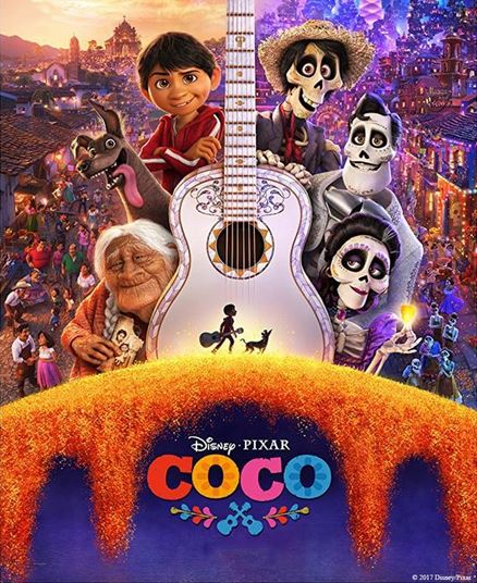 Movie poster with Coco characters and guitar.