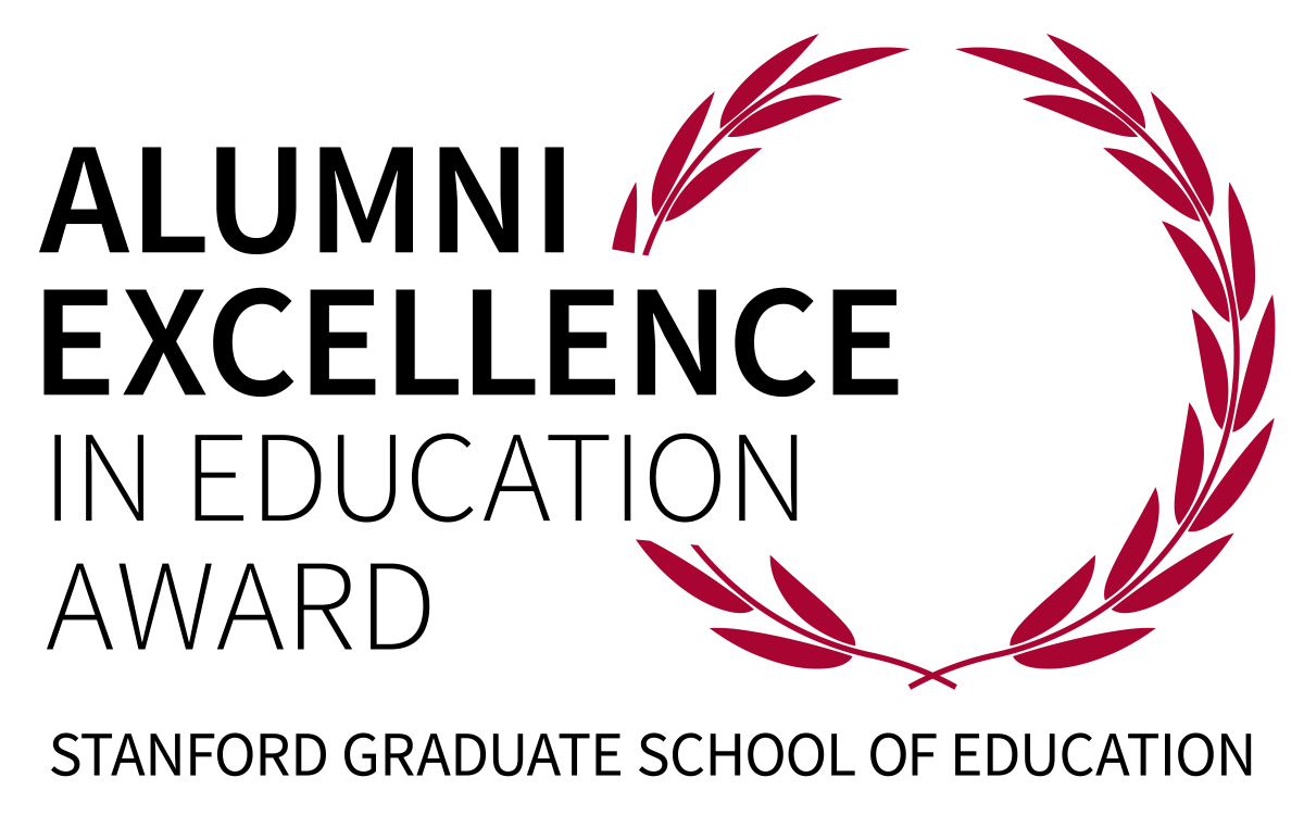Red wreath surrounding the words Alumni Excellence in Education Award. Along the bottom the words Stanford Graduate School of Education