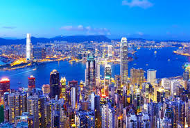 This is an evening skyline view of Hong Kong. 